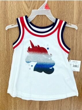 Wonder Nation Girls Unicorn Graphic Tank Top White Red Blue Glitter Size 2T NWT